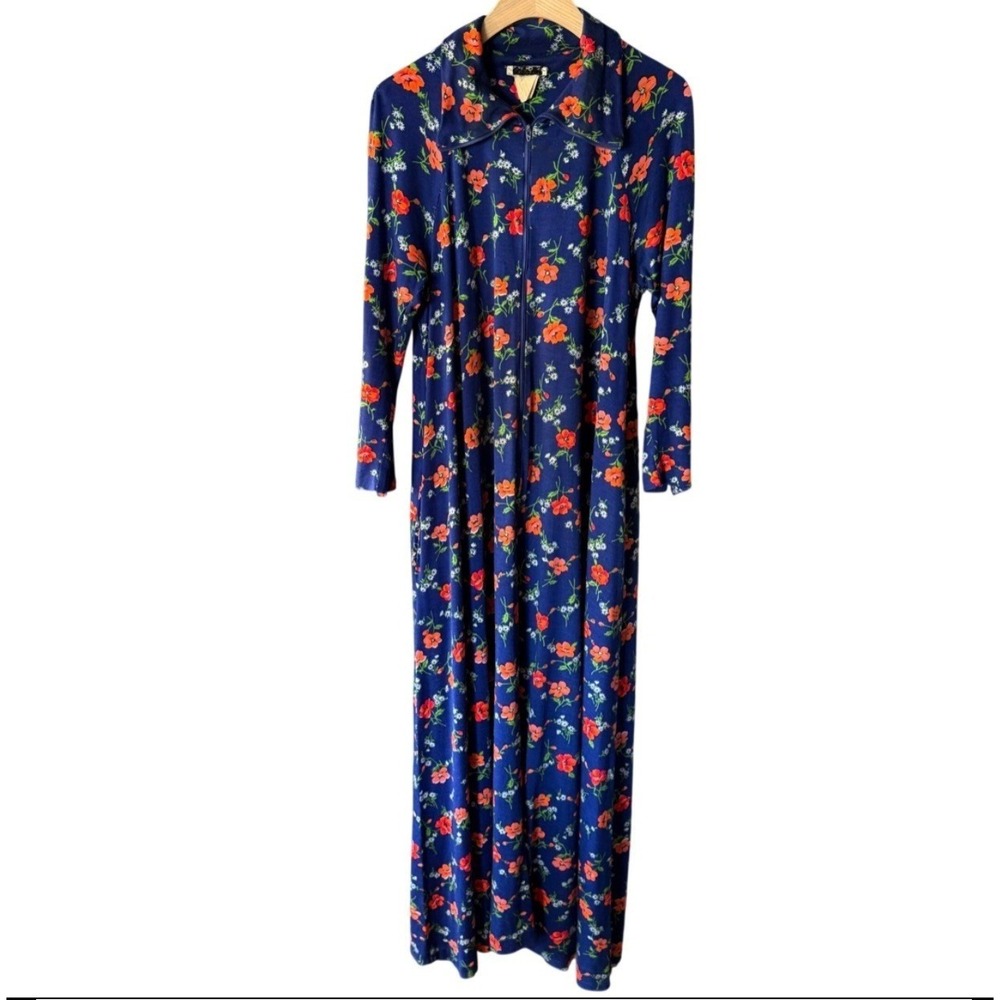 Stella Fagin MOD Vintage 70s Poppy Print Maxi Zip‎ LS House Dress,Blue Orange, L